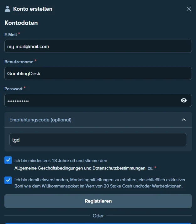 Stake.eu Registrierung auf Deutsch mit eingetragenem Empfehlungscode tgd