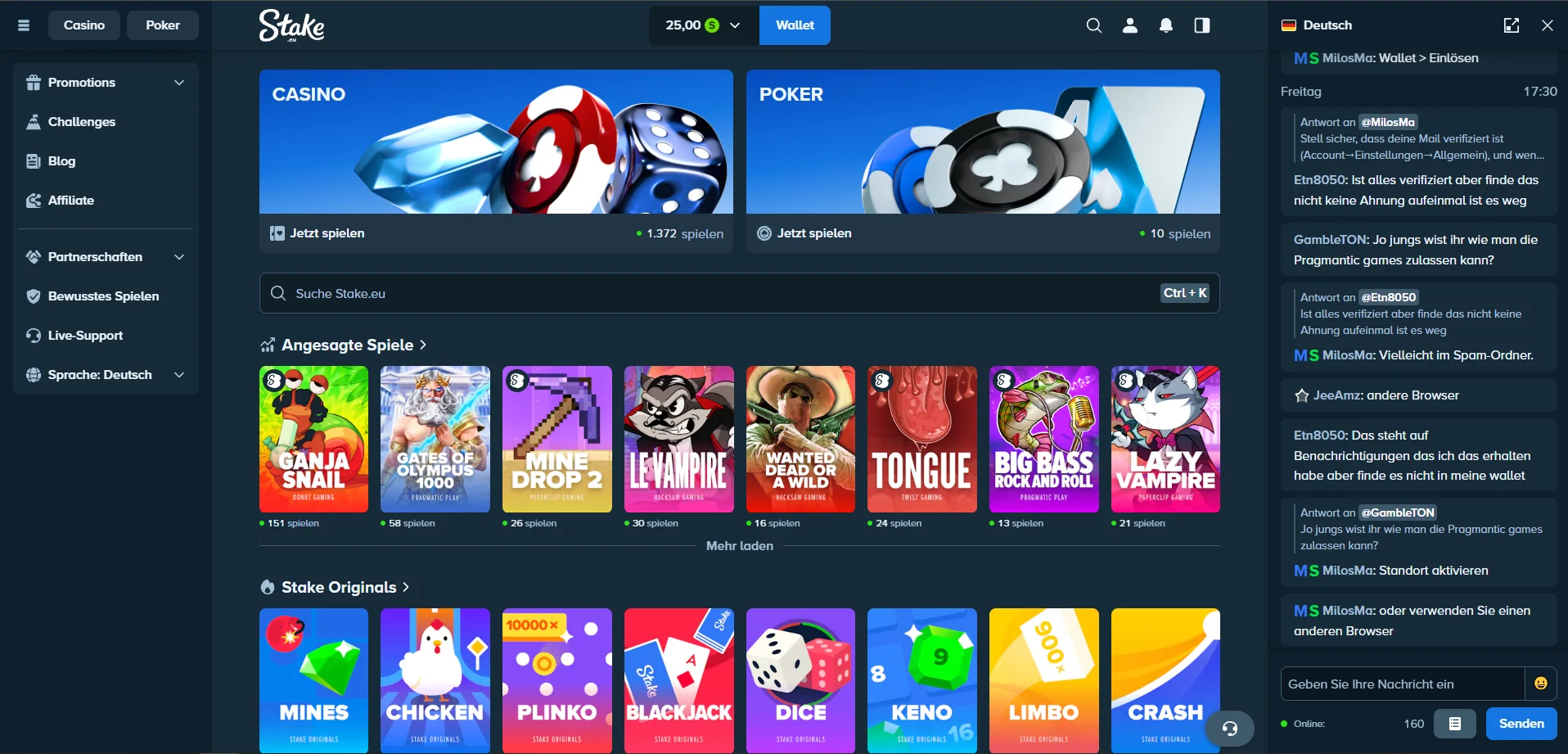 Stake.eu Lobby auf Deutsch mit Casino, Poker und Stake Originals